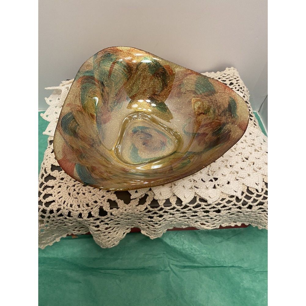 IL QUADRIFOGLIO Art‎ Glass Bowl Green Orange Gold Bottom Hand Decorated ITALY